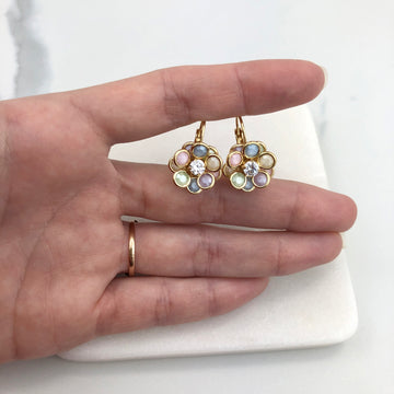 18K Gold Layered Oro Laminado Multi-Color CZ Flower Design Leverback Earrings 21.0073/17/30